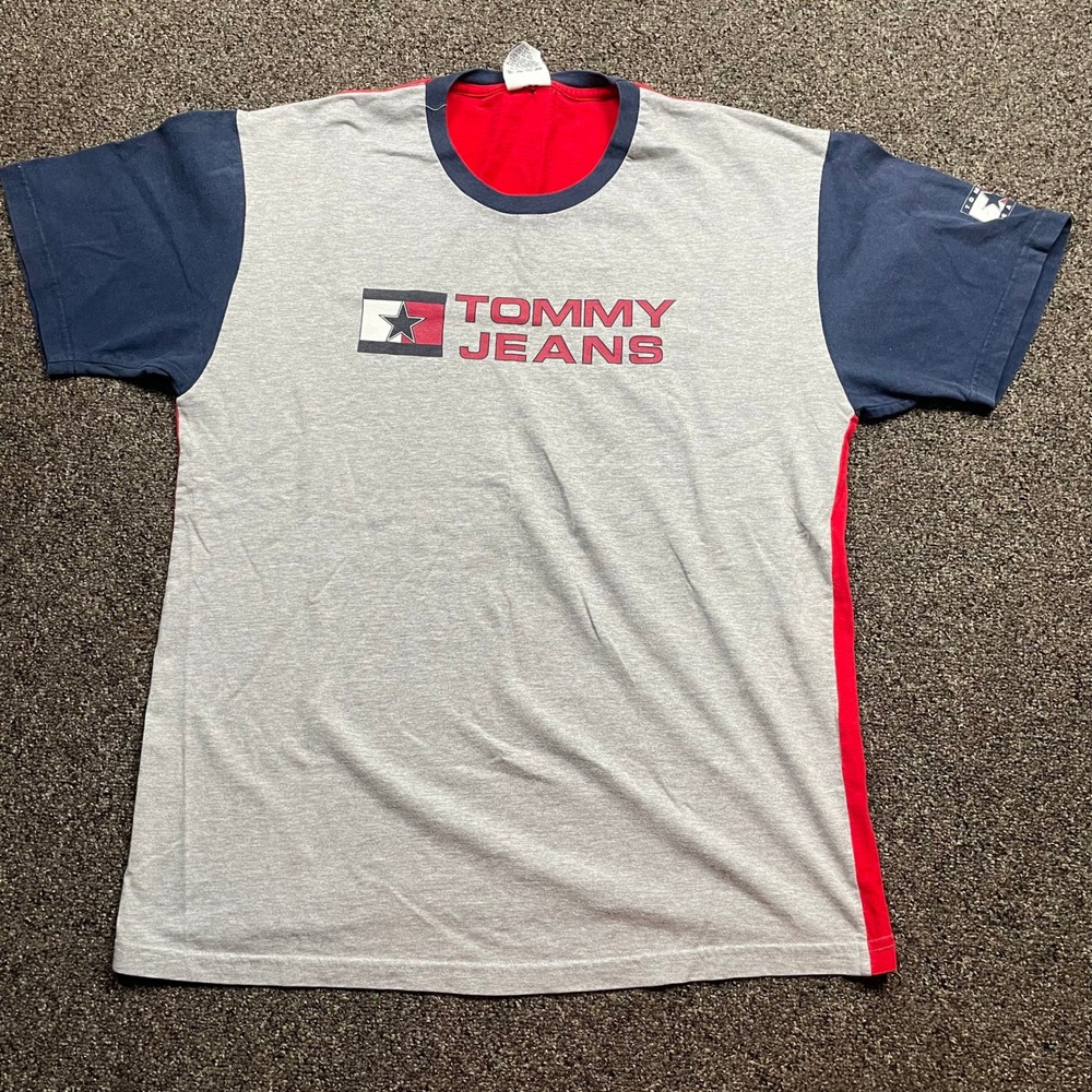 Vintage Tommy Jeans T Shirt Mens Large Colorblock Grey Red Blue Made in USA 90s - Picture 2 of 8